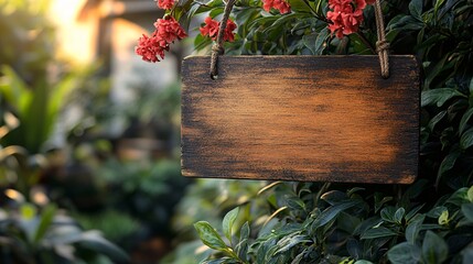 Light wooden nameplate hanging on a tree branch in front of the house