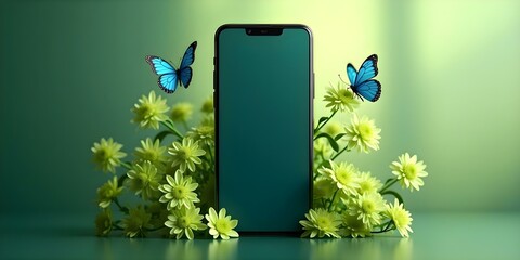 Vertical smartphone placed against a background of green flowers and butterflies, perfect for branding and eco-friendly advertising concepts