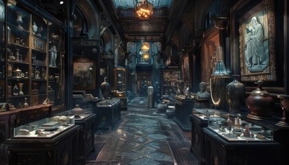 A mystical antique shop filled with vintage artifacts, ornate decor, and ancient treasures, captured in a dimly-lit, atmospheric interior setting.