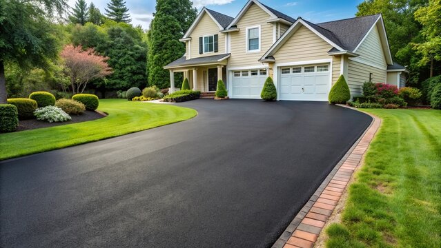 Freshly applied black sealcoat shines on a newly restored asphalt driveway, highlighting clean edges and subtle texture