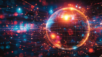 Obraz premium A glowing digital globe surrounded by vibrant network connections and data points, symbolizing worldwide connectivity and the power of advanced technology in the cyber world