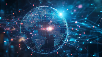 A glowing digital globe surrounded by vibrant network connections and data points, symbolizing worldwide connectivity and the power of advanced technology in the cyber world
