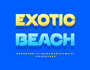 Vector travel advertisement Exotic Beach. Sunny Yellow 3D Font. Bright Alphabet Letters and Numbers set.