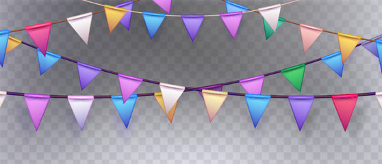 Obraz premium Birthday and holiday triangle flag party garland on transparent background. Realistic vector illustration of colorful carnival festive triangular paper bunting for celebration and congratulation.