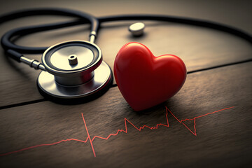 Stethoscope red heart and cardiogram on table