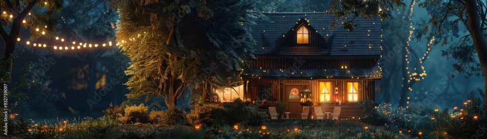 Poster cozy cottage in a forest setting with glowing lights at dusk, creating a warm and inviting atmospher