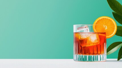 Refreshing cocktail with ice and orange slice on a vibrant background, perfect for summer vibes and relaxation.