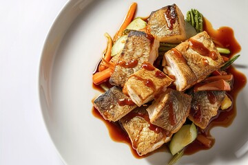 A mouthwatering and artistically arranged still life of grilled fish chunks, lightly drizzled with a sweet sauce