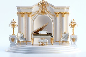 Naklejka premium Luxurious music room featuring a harpsichord, gilded decor, and a Baroque ambiance, rendered in a photorealistic style