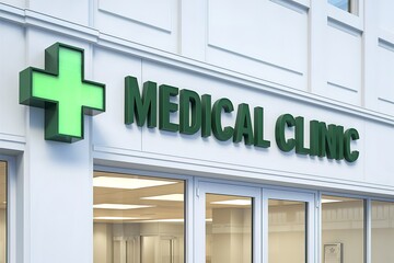 Obraz premium A clean and modern image of a medical clinic with a white facade and a prominent green cross sign