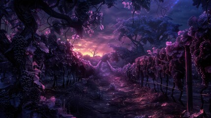 A mystical vineyard bathed in twilight, with a surreal purple and pink sky casting an enchanting glow over the landscape.