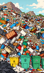 Illustration of a Deserted Landfill Piled High with Trash, Highlighting Waste Management Issues and the Environmental Impact of Excessive Waste