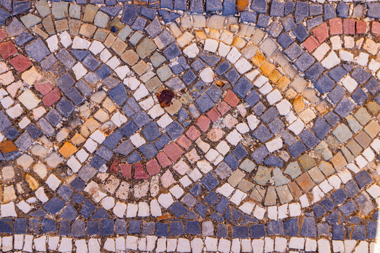 Ben Arous, Tunisia. Roman mosaic floor with a geometric pattern at the Uthina Archaeological Site.