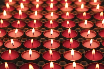 A beautifully composed photograph of a grid-arranged collection of red tealight candles