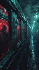 Obraz premium Moody underground subway scene with dark, mysterious lighting and reflections on a rainy night. Eerie atmosphere with red and teal hues.
