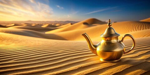 Oriental gold teapot resting on desert sand dunes
