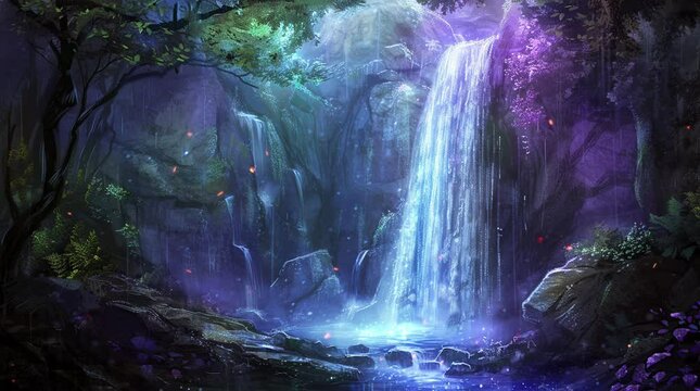 Magical glowing waterfall in a fantasy forest, surrounded by mystical flora and ethereal light, creating a breathtaking, enchanted s Seamless looping 4k time-lapse virtual video animation Generated AI