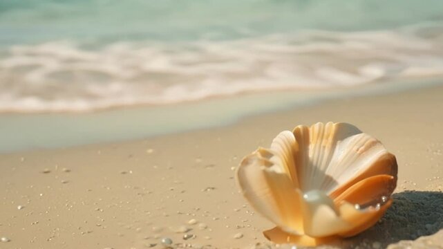 Beautiful seashell is laying on a golden sandy beach with a single pearl nestled inside. Ocean waves are crashing in the background