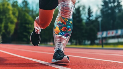 Fototapeta premium Vibrant Runner with Transparent Prosthetic Legs Filled with Tropical Fish: Perfect Poster for Inspiring Sports Interiors and Celebrating Resilience on a Red Running Track