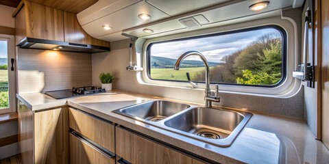 Campervan kitchen interior featuring a sink and tap with modern design and compact space-saving solutions