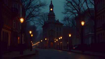 Fototapeta premium Victorian street, gas lamps flickering, deserted,