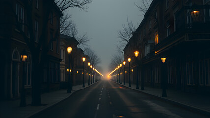 Victorian street, gas lamps flickering, deserted,