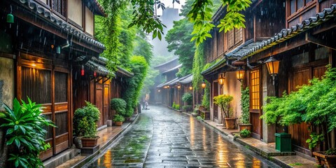 Authentic Asian streets on a rainy day with falling green leaves