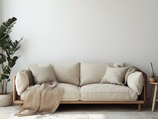 Minimalist living room with a beige sofa and throw blanket.