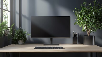 Modern desk setup with computer monitor, keyboard, and plants.