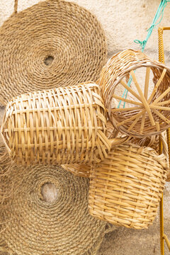 Sidi Bouzid, Tunisia. Woven baskets for sale at the outdoor souk in Bir al Haffay.