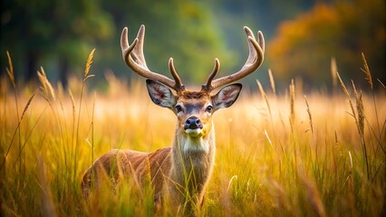 A majestic deer with impressive antlers blending into tall grass in a wildlife photography setting