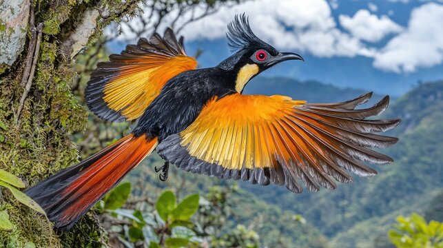 Colorful bird in flight,  Greater Coucal spreading wings