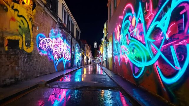 Neon graffiti lights up a rainy alley in a vibrant urban setting at night