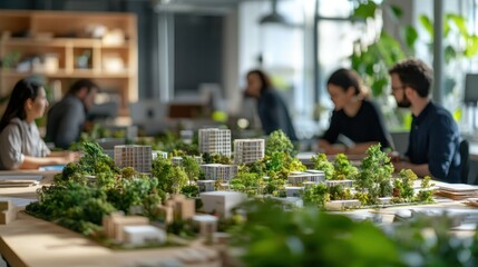 Sustainability engineer presenting a blueprint for a sustainable urban development project, with colleagues in a conference room filled with natural elements