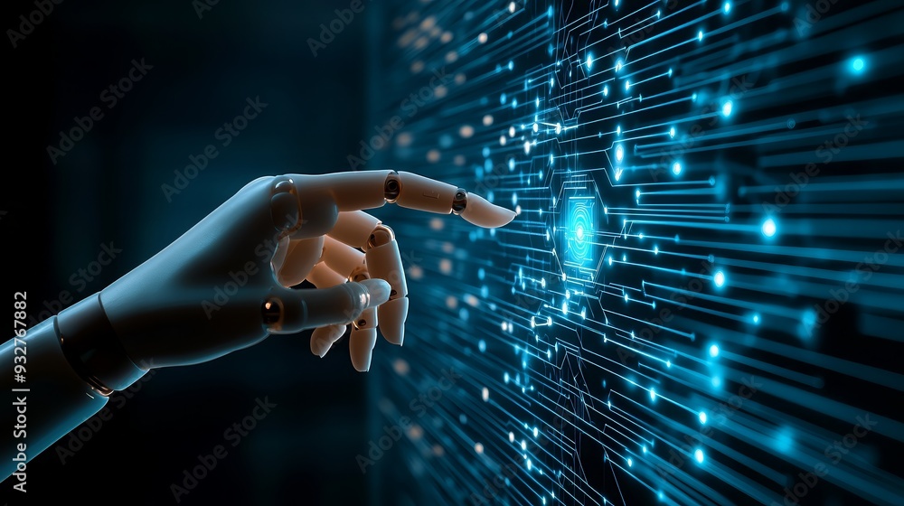 Poster close-up of a robotic hand touching a digital interface, representing futuristic technology, artific