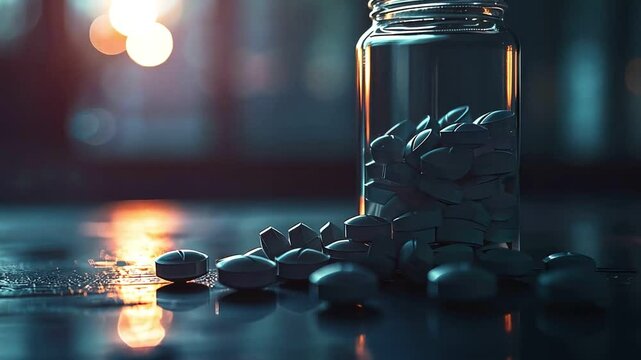 Mystical apothecary scene with old potion bottle and scattered herbs on a wooden table
