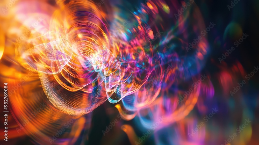 Aufkleber close-up of a light diffraction pattern creating spectral imprints with vivid colors and complex, sw
