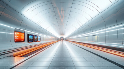 Obraz premium A modern subway station with clean lines, digital signage, and minimalistic design.