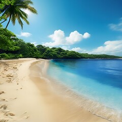 Fototapeta premium tropical-sandy-beach-blue-sea-and-green-forest-on-background-in-sunny-weather