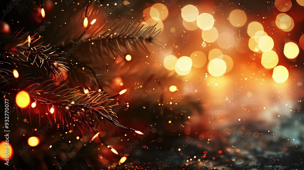 Poster a close-up shot of a christmas tree branch with lights and bokeh in the background.