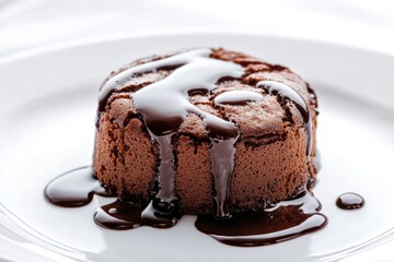 Velvety chocolate soufflé topped with a rich chocolate sauce drizzle, showcasing a decadent and velvety texture.