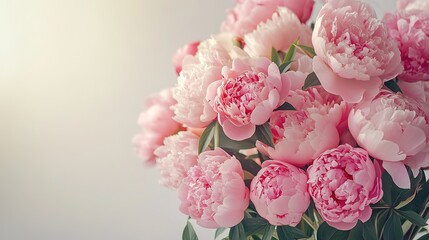 Beautiful pink peony bouquet open on white background. Time lapse of blooming peonies or open roses close up. Wedding background, Valentine's Day concept. 