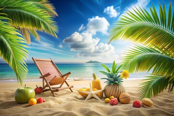 Obraz premium A beach scene with a white umbrella and a chair on the sand