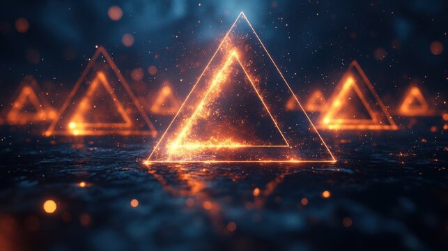 Glowing triangular shapes in a mystical, dark environment.
