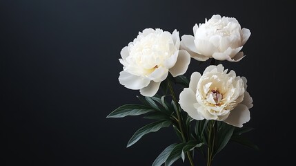 Beautiful white peony flowers blooming on a black background. Peony flowers bloom open. Wedding background, Valentine's day concept.