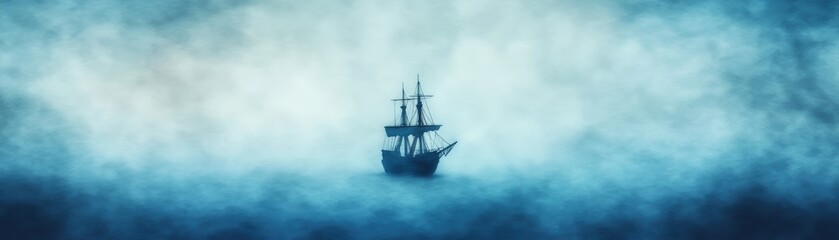 Fototapeta premium A Ghostly Ship Sailing Through Mist: An Enigmatic Adventure Awaits You