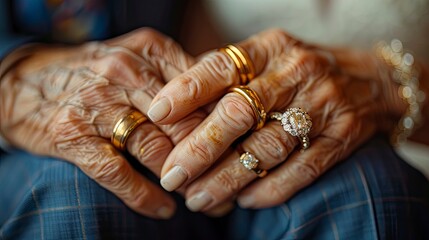Fototapeta premium close up of seniors hands with wedding rings during their marriage