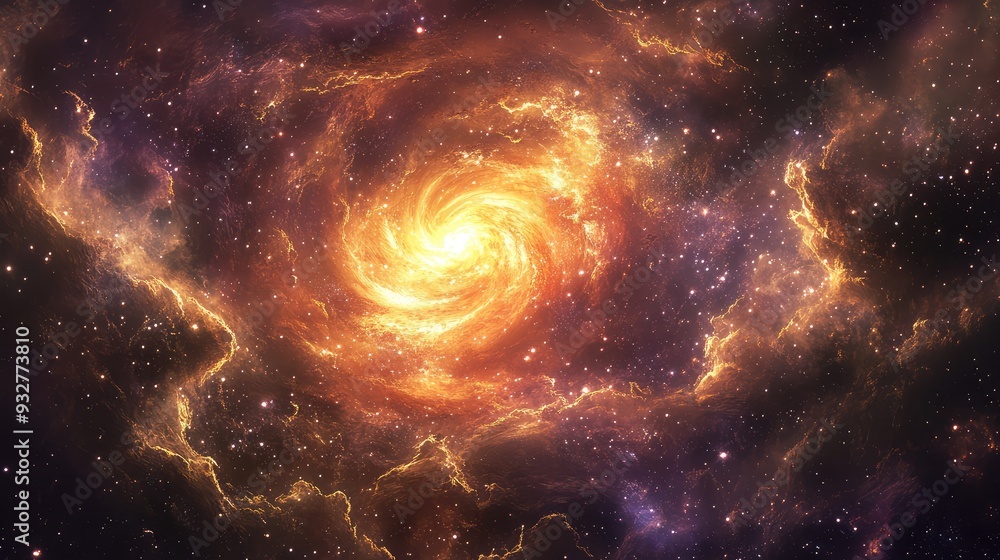 Poster conceptual art of the universe in transition, with swirling star clusters and dynamic celestial flux