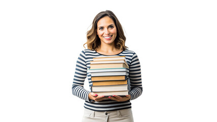 Woman holding a stack of books, smiling confidently