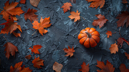 A pumpkin is sitting on a ground covered with orange leaves